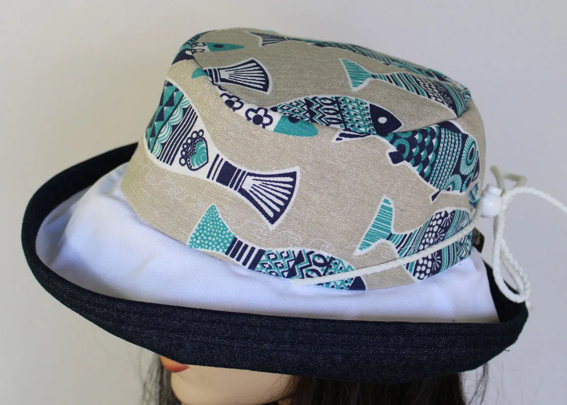 131 Sunblocker UV summer hat sun hat with large wide brim featuring lovely Portugal sardines print