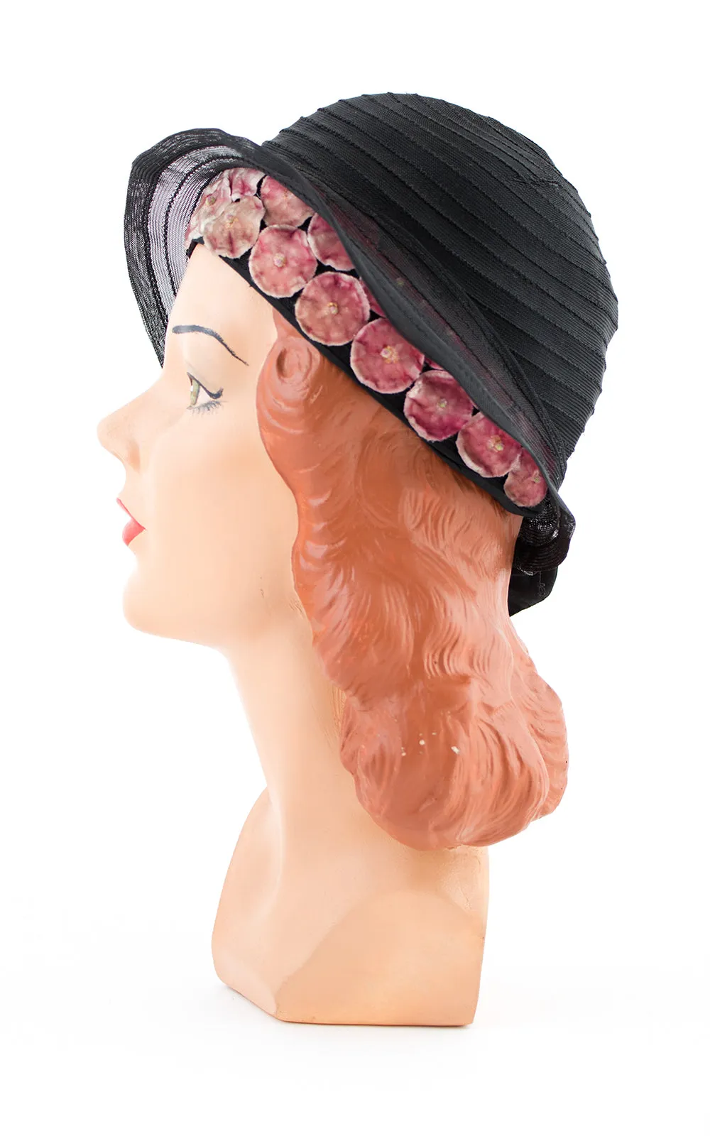 1920s Velvet Floral & Sheer Black Cloche | small/medium