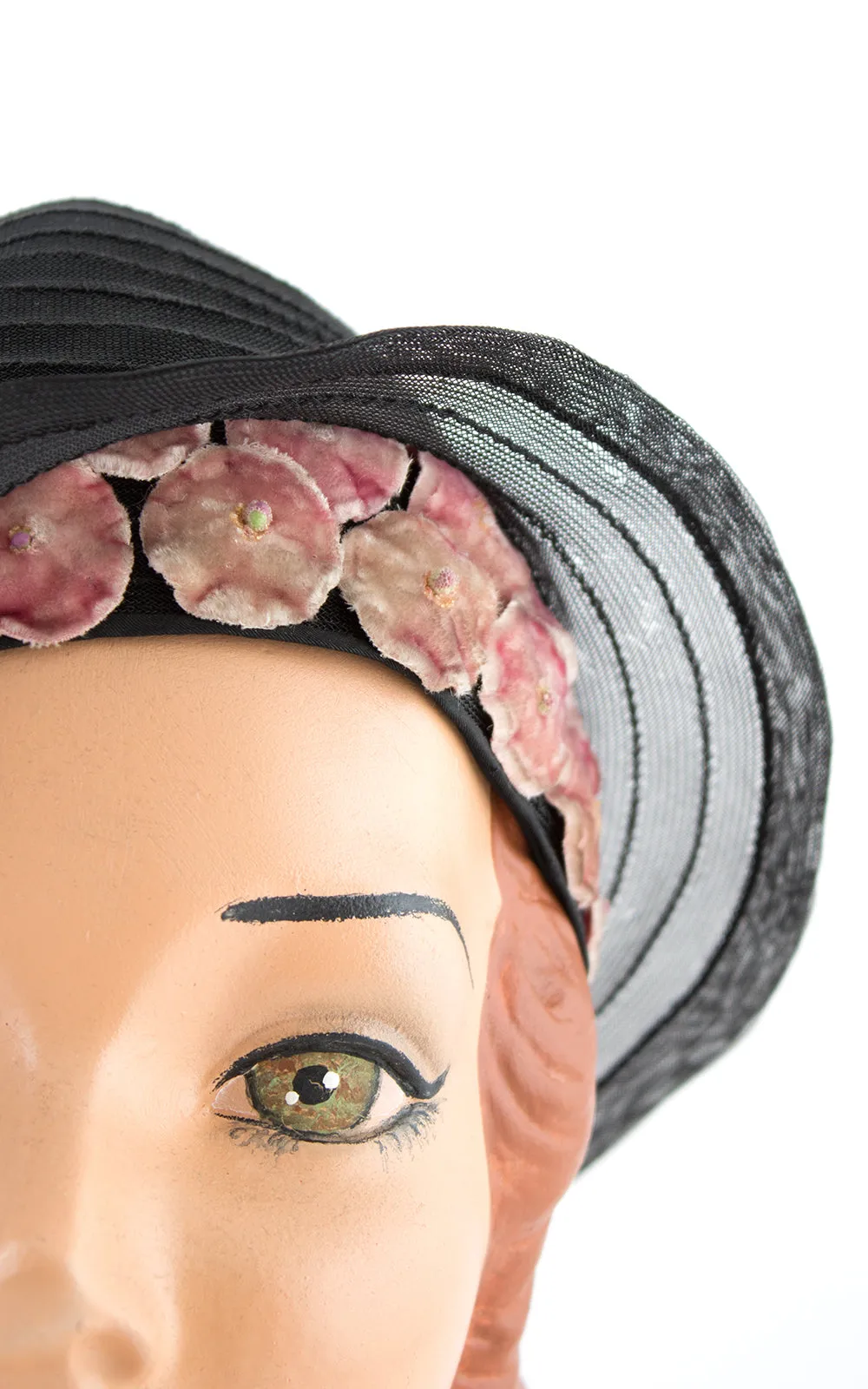 1920s Velvet Floral & Sheer Black Cloche | small/medium