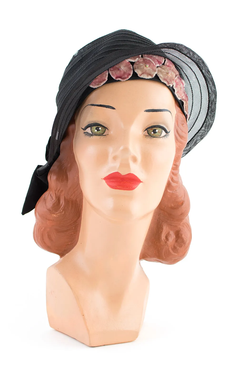 1920s Velvet Floral & Sheer Black Cloche | small/medium