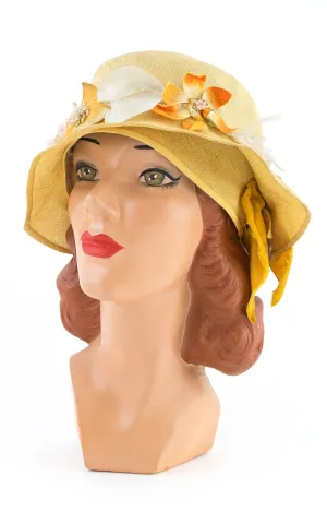 1920s Yellow Straw & Floral Cloche | medium/large