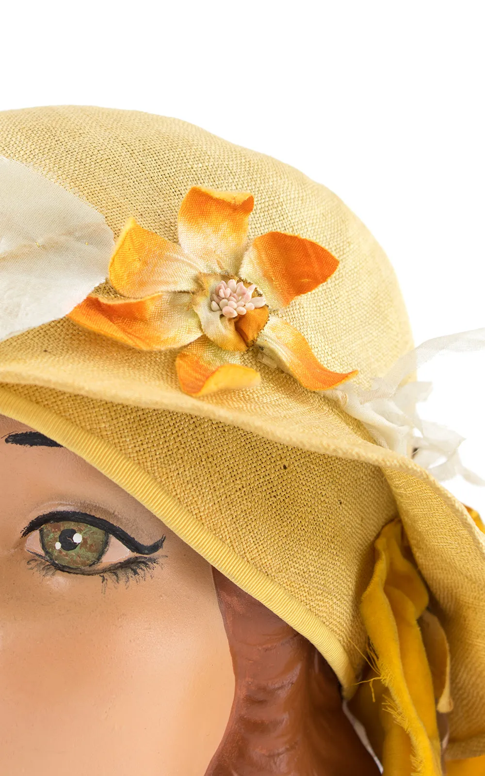 1920s Yellow Straw & Floral Cloche | medium/large