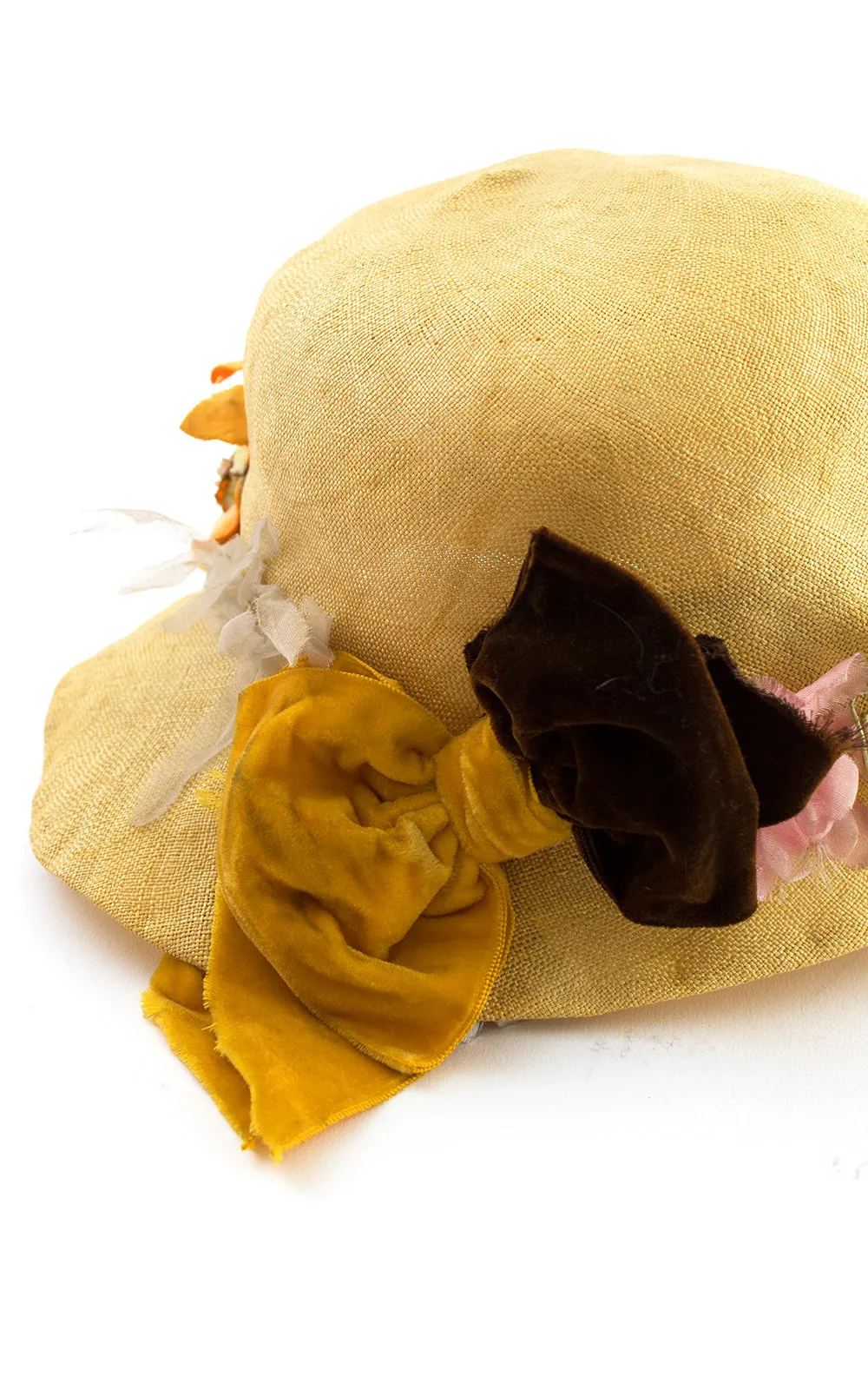 1920s Yellow Straw & Floral Cloche | medium/large