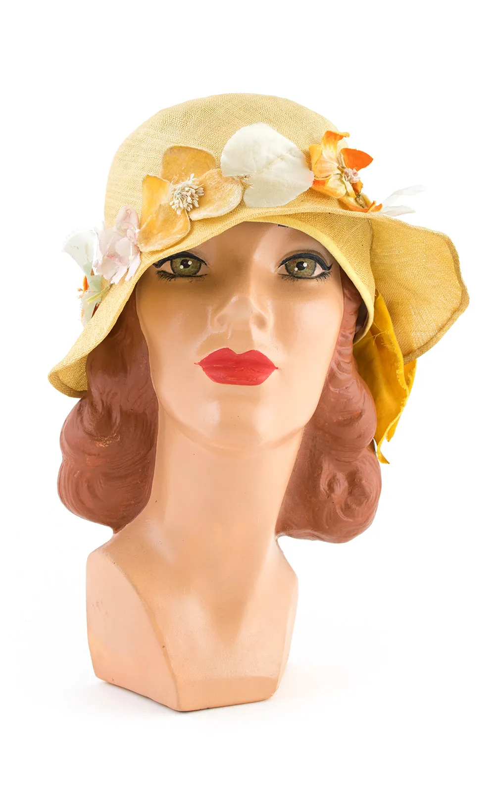 1920s Yellow Straw & Floral Cloche | medium/large