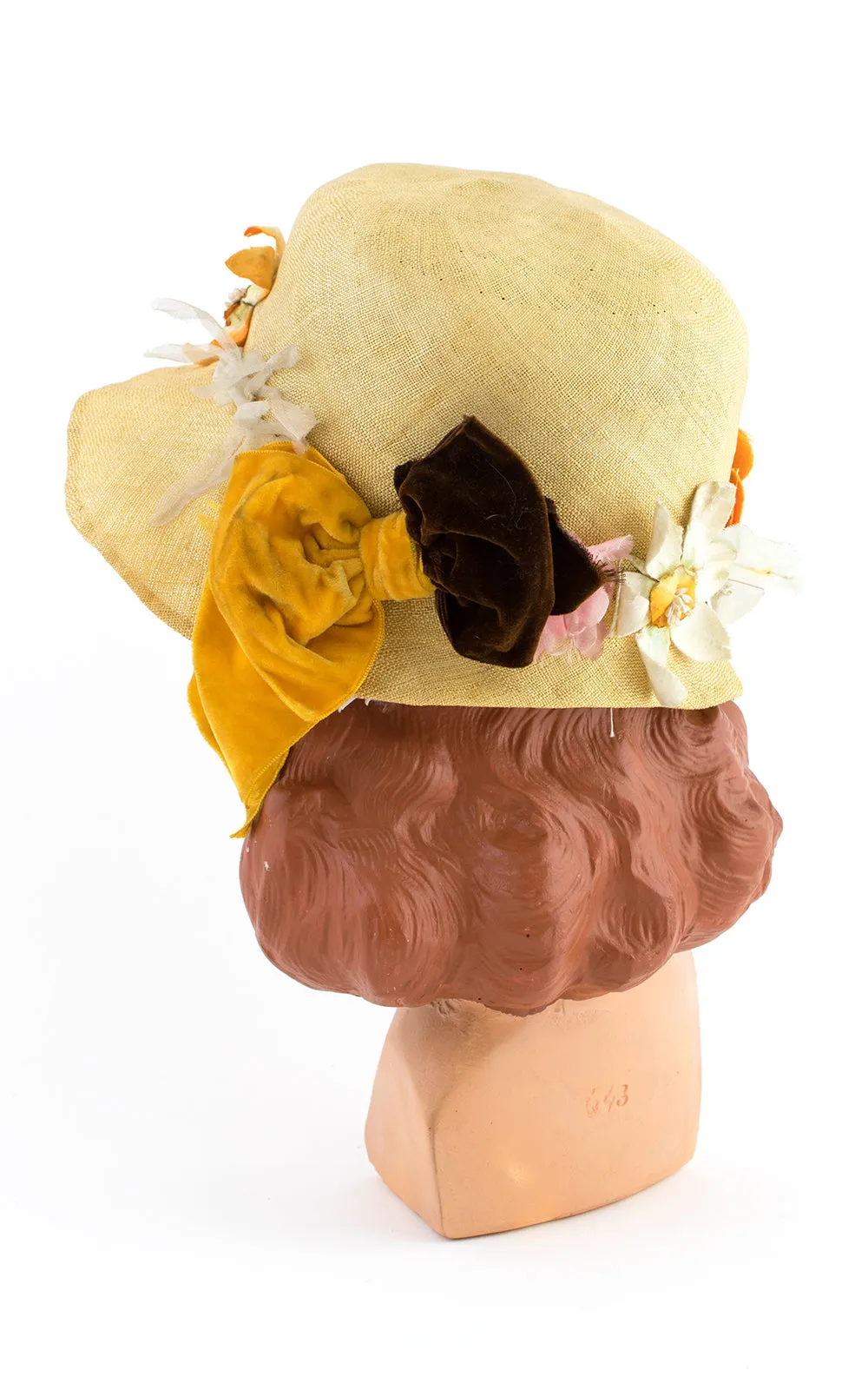 1920s Yellow Straw & Floral Cloche | medium/large