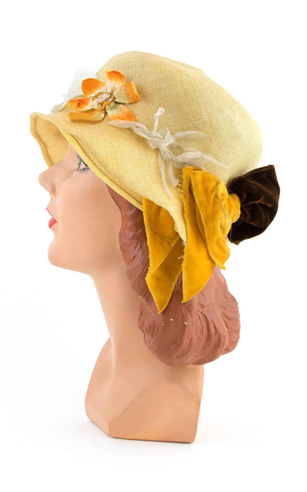 1920s Yellow Straw & Floral Cloche | medium/large