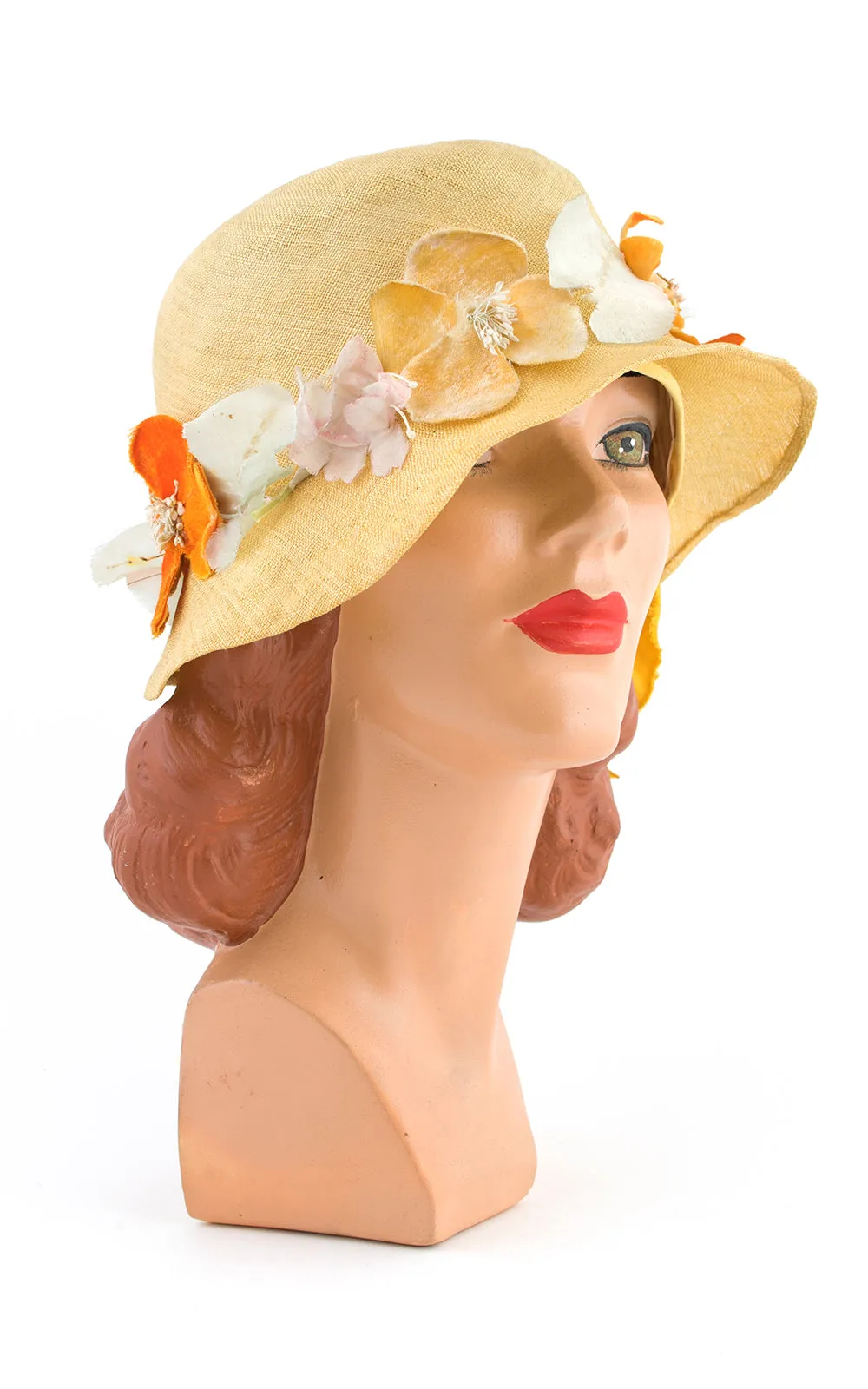 1920s Yellow Straw & Floral Cloche | medium/large