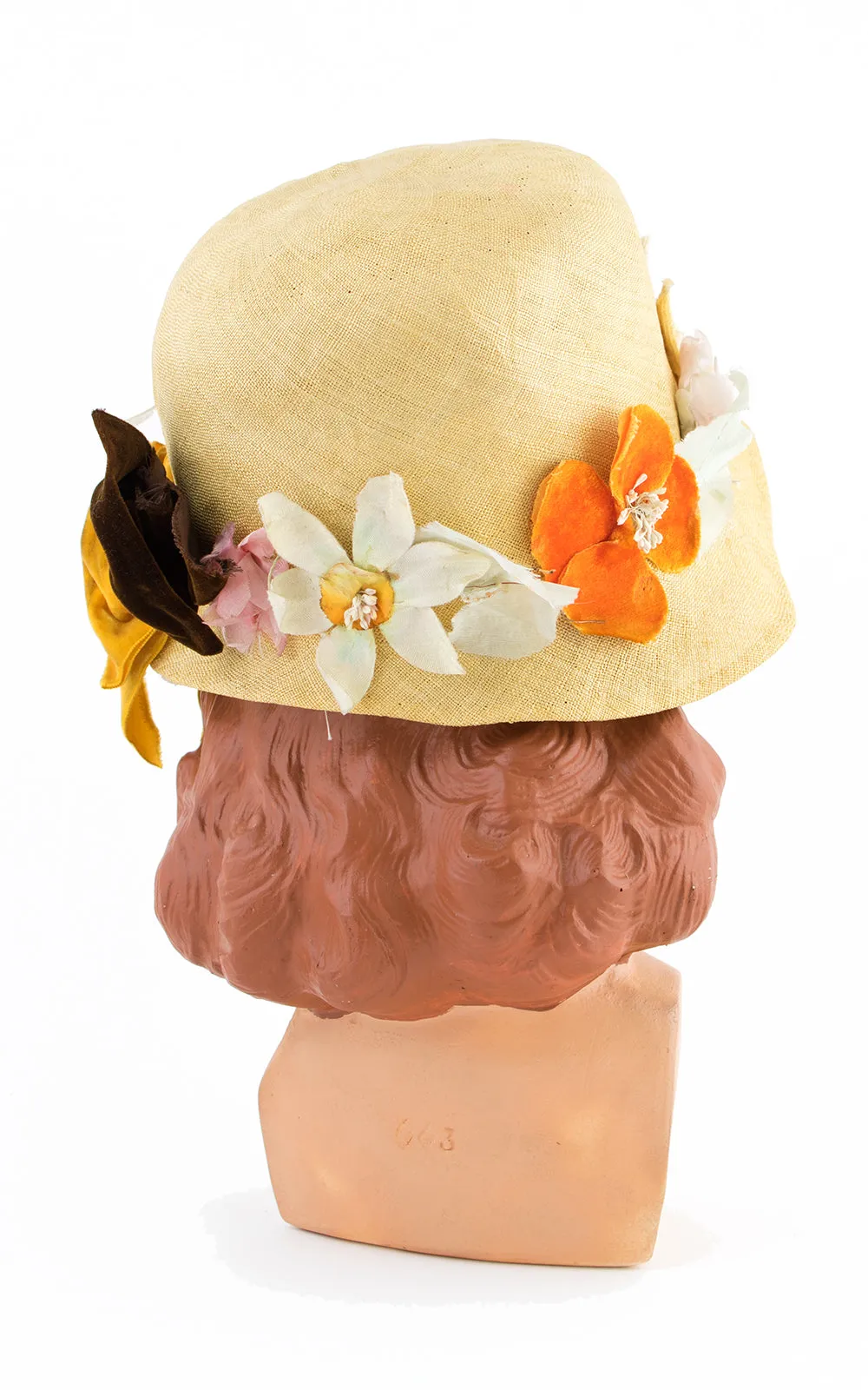 1920s Yellow Straw & Floral Cloche | medium/large