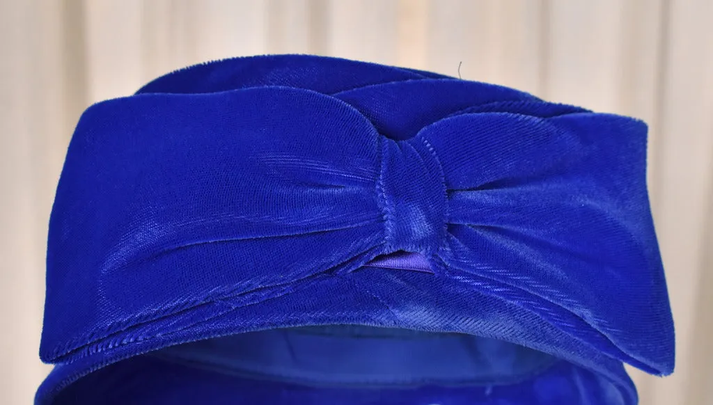 1950s Bright Blue Velvet Cloche Hat