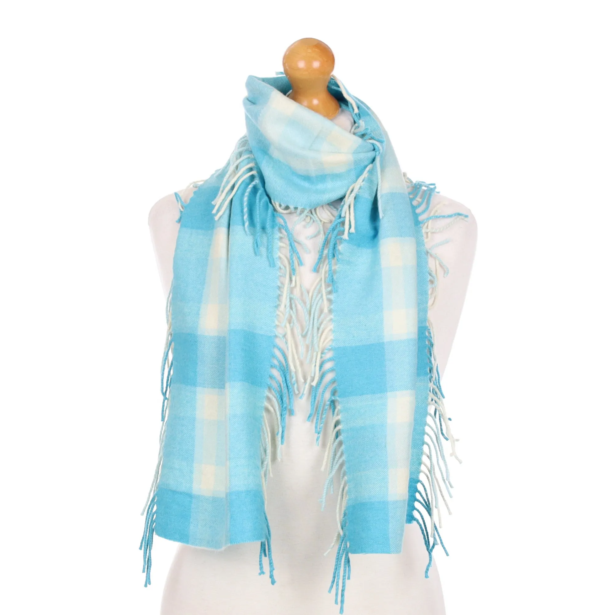 Aquamarine Check Tassel Trimmed Cashmere Woven Scarf