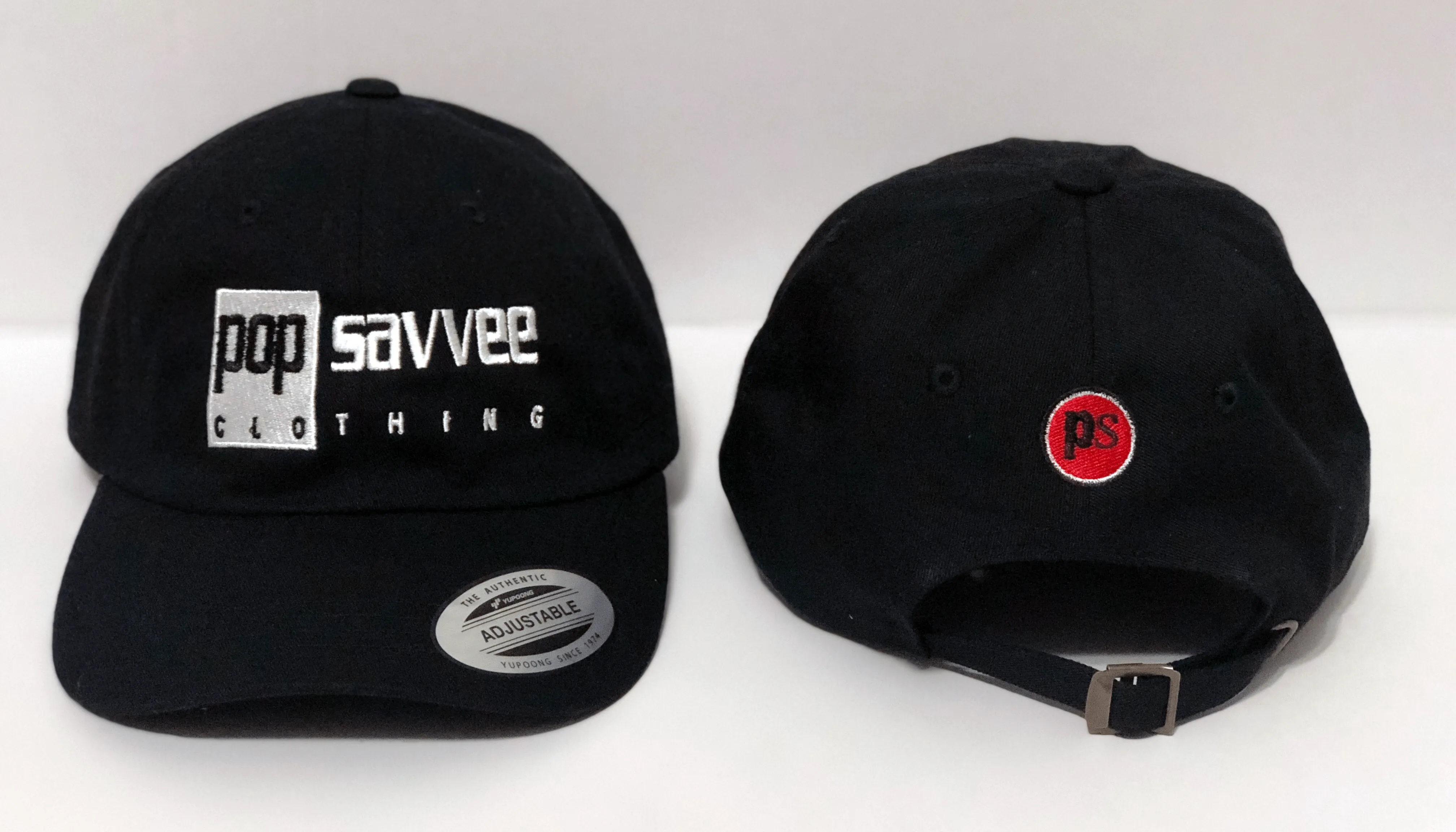 Black Baseball Cap - Adjustable Strap - Embroidered White Rectangle "Pop Savvee Clothing” Logo