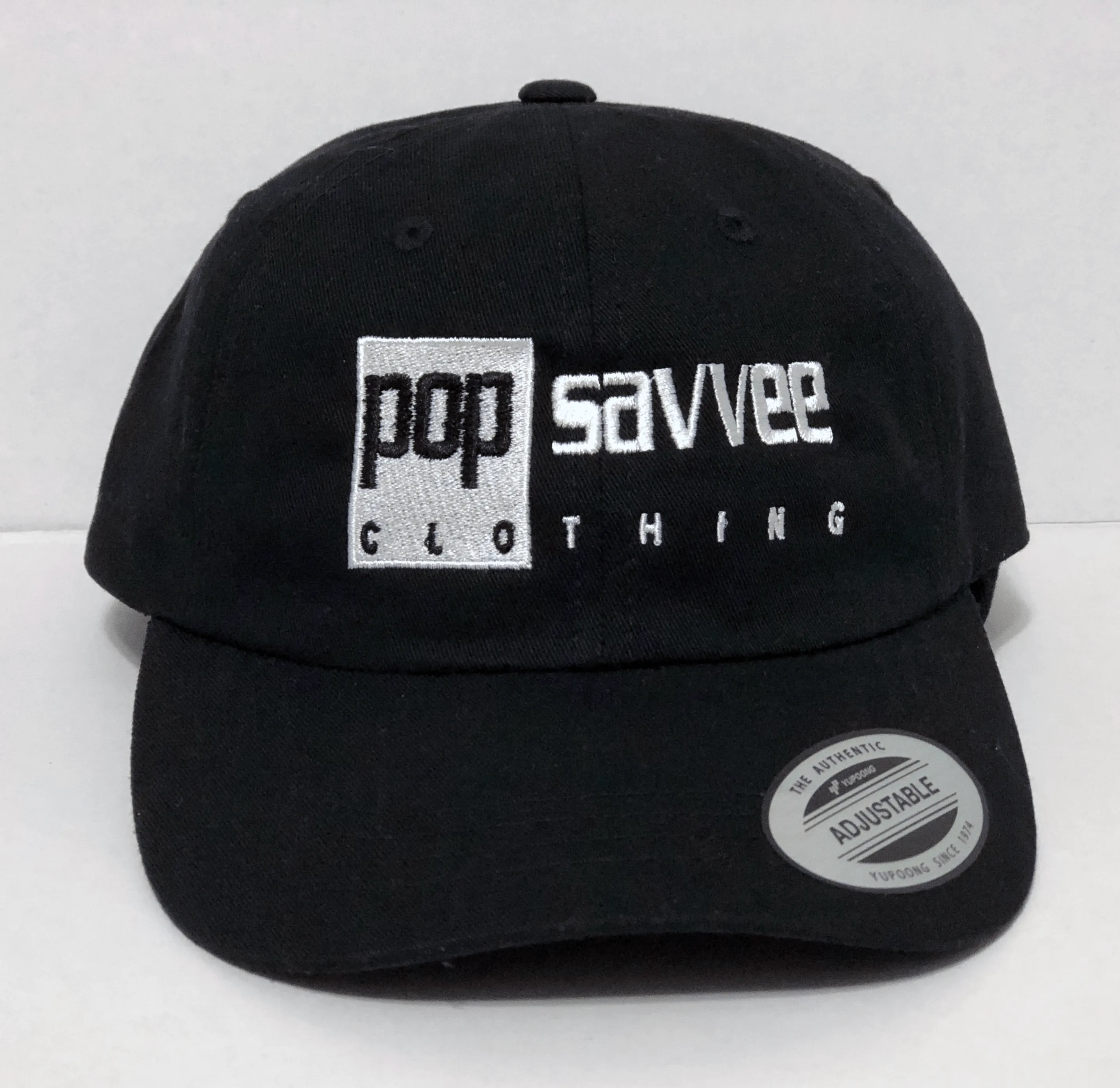 Black Baseball Cap - Adjustable Strap - Embroidered White Rectangle "Pop Savvee Clothing” Logo