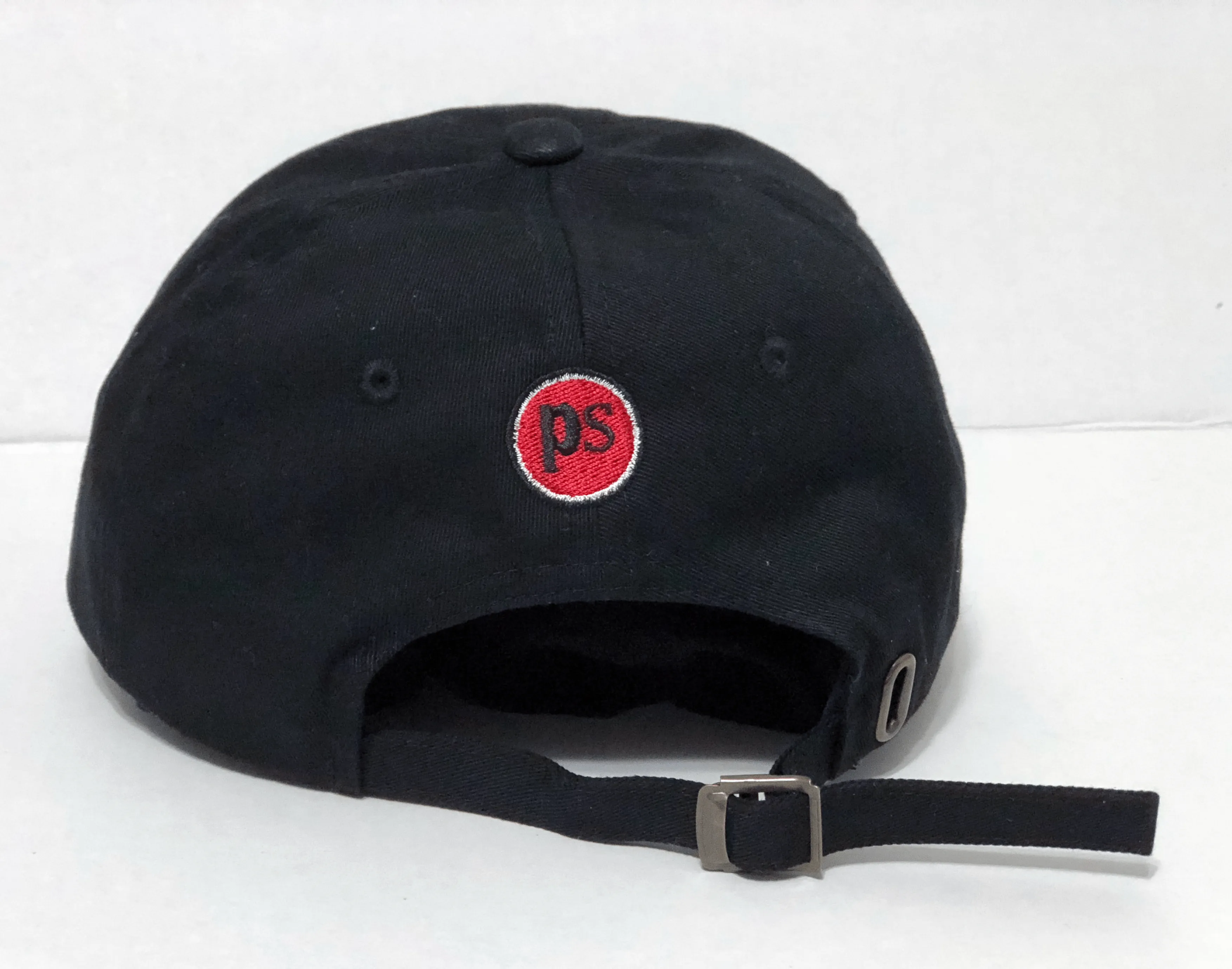 Black Baseball Cap - Adjustable Strap - Embroidered White Rectangle "Pop Savvee Clothing” Logo