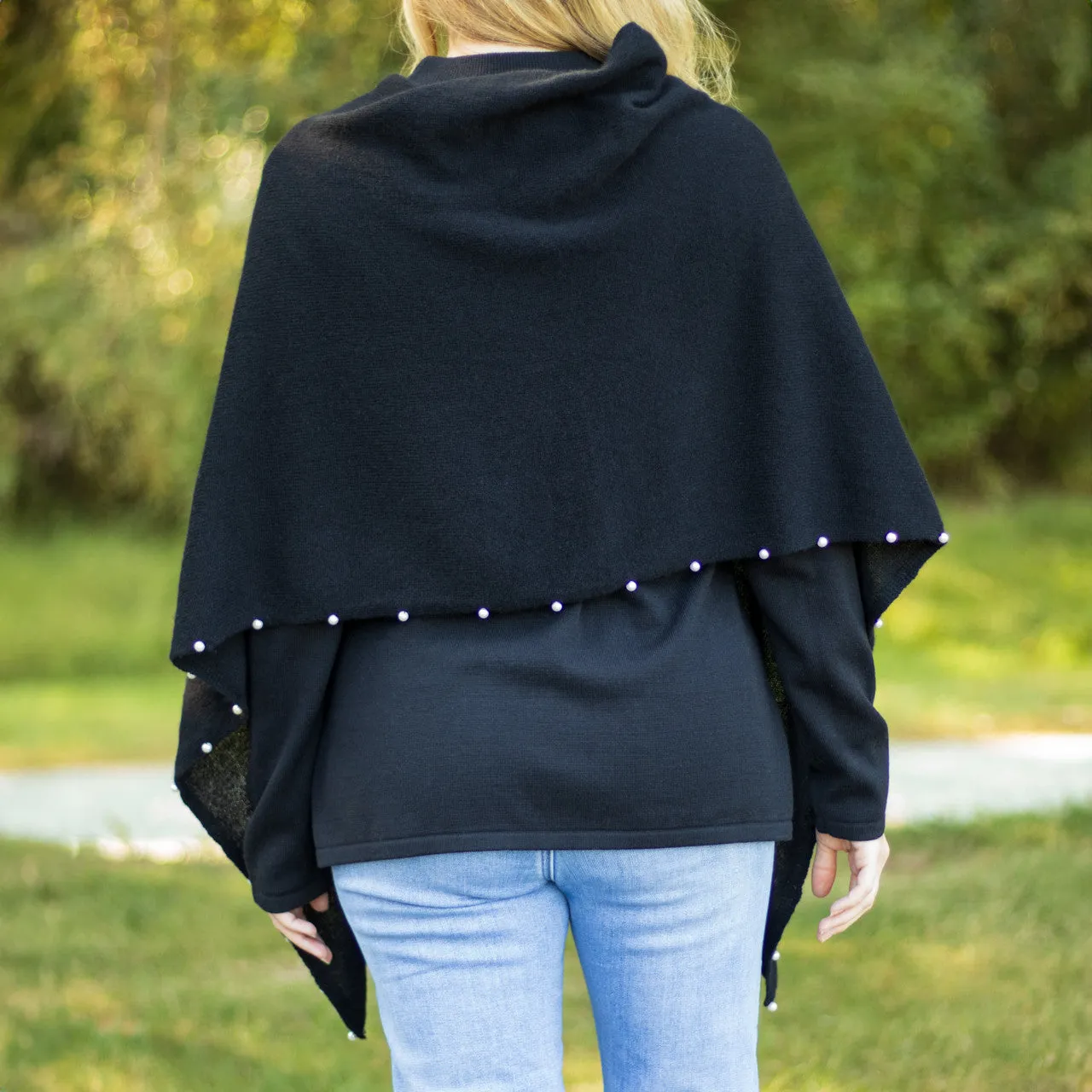 Black Cashmere Topper with Pearl Accents