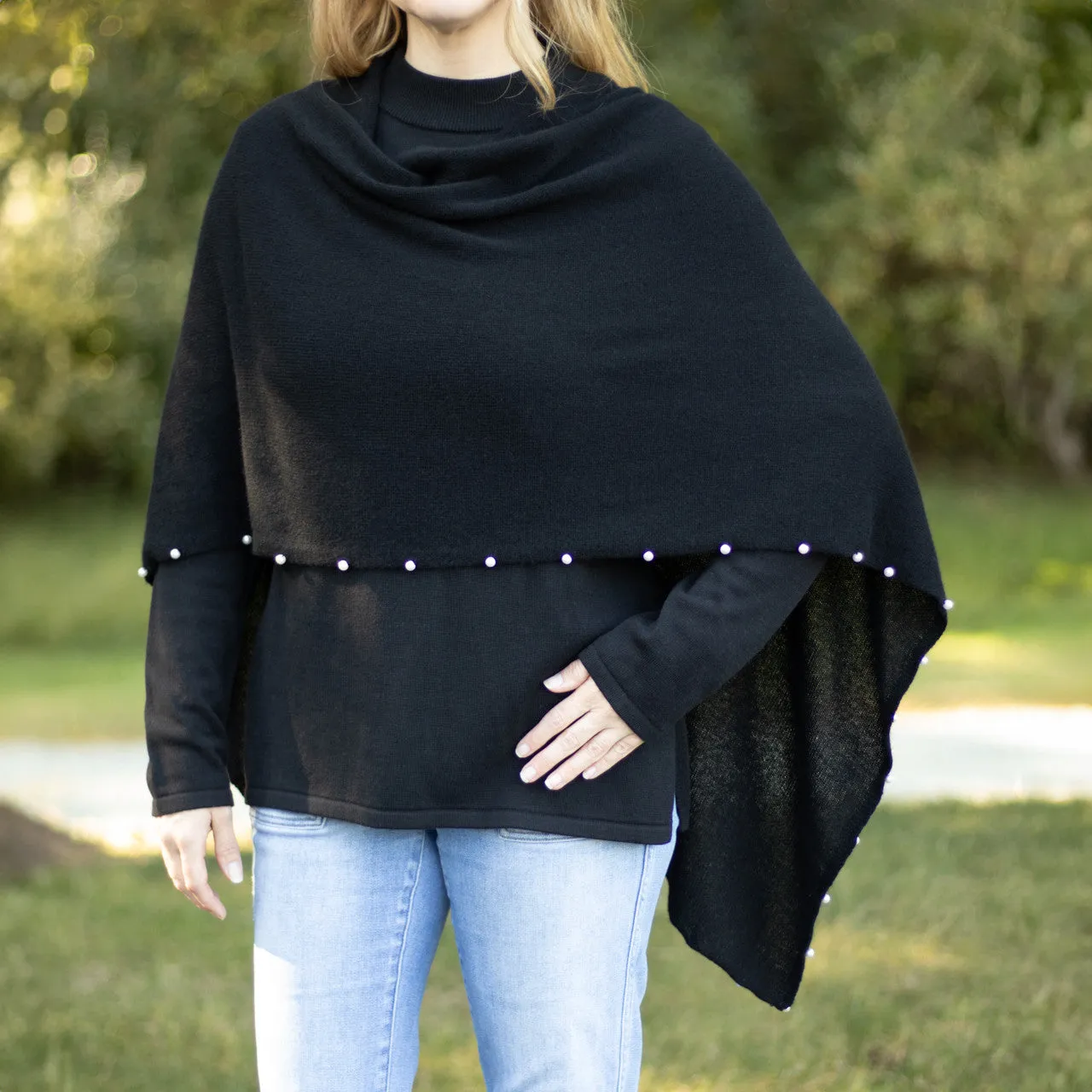 Black Cashmere Topper with Pearl Accents