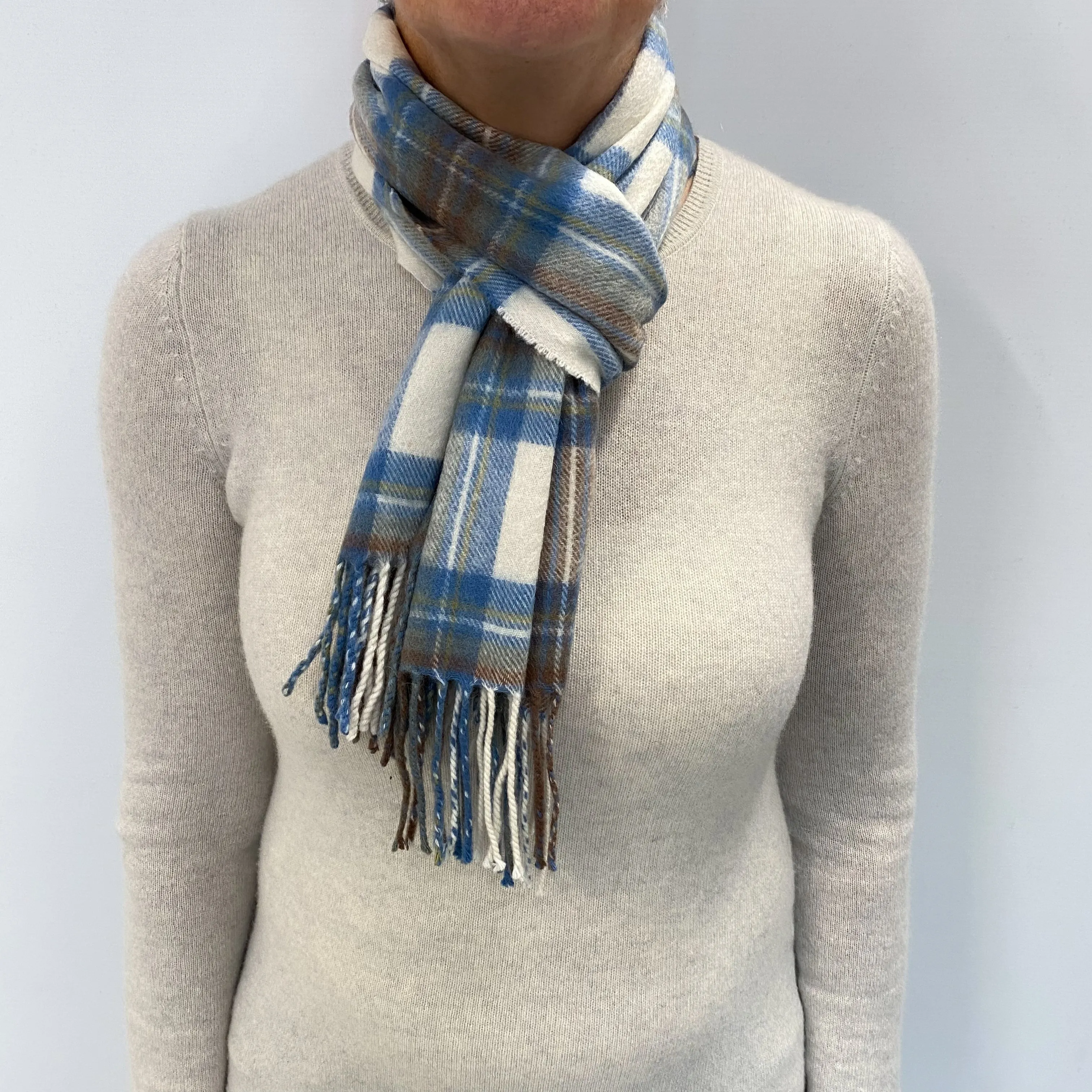 Blue and Cream Checked Cashmere Woven Fringed Scarf