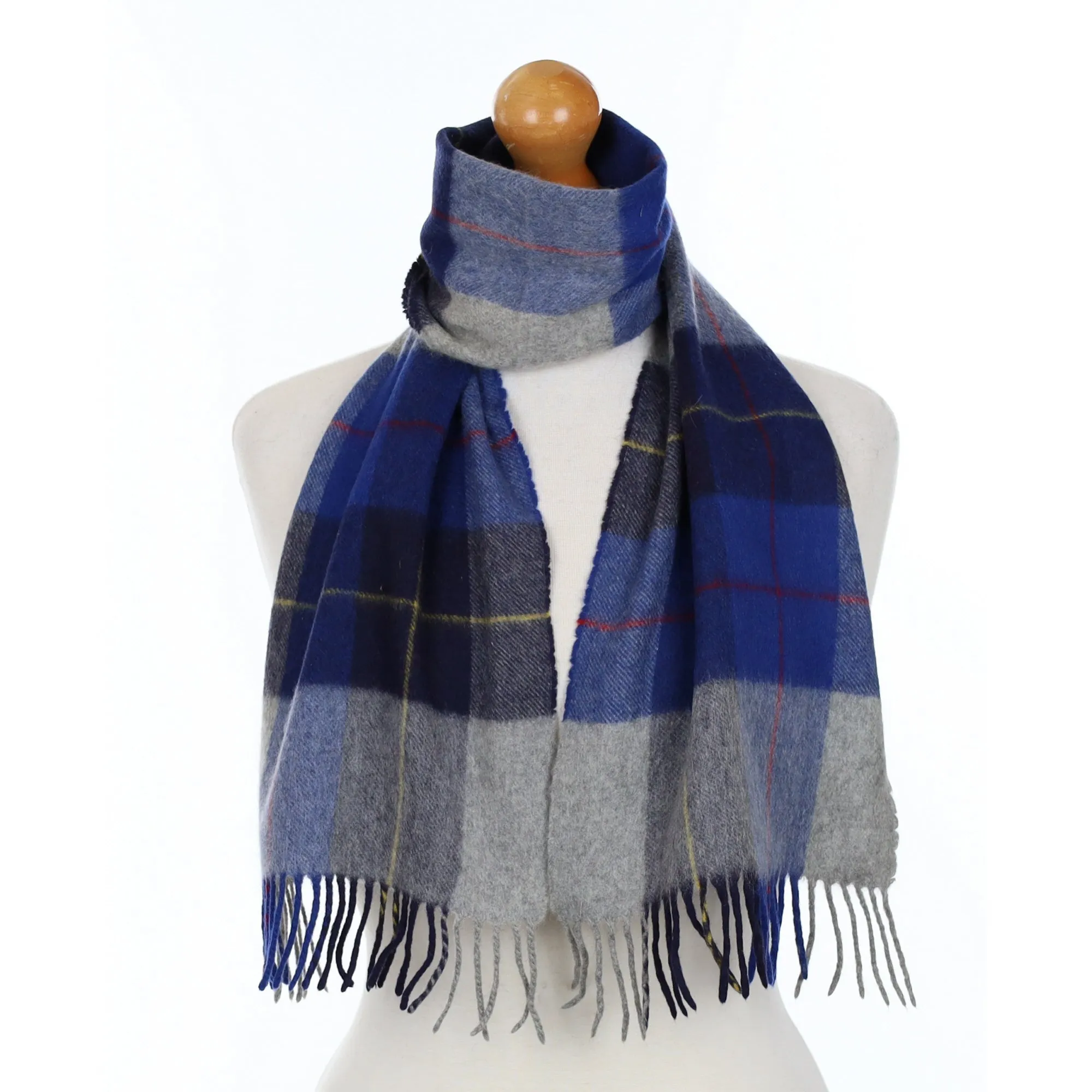 Blue and Grey Checked Cashmere Fringed Woven Scarf