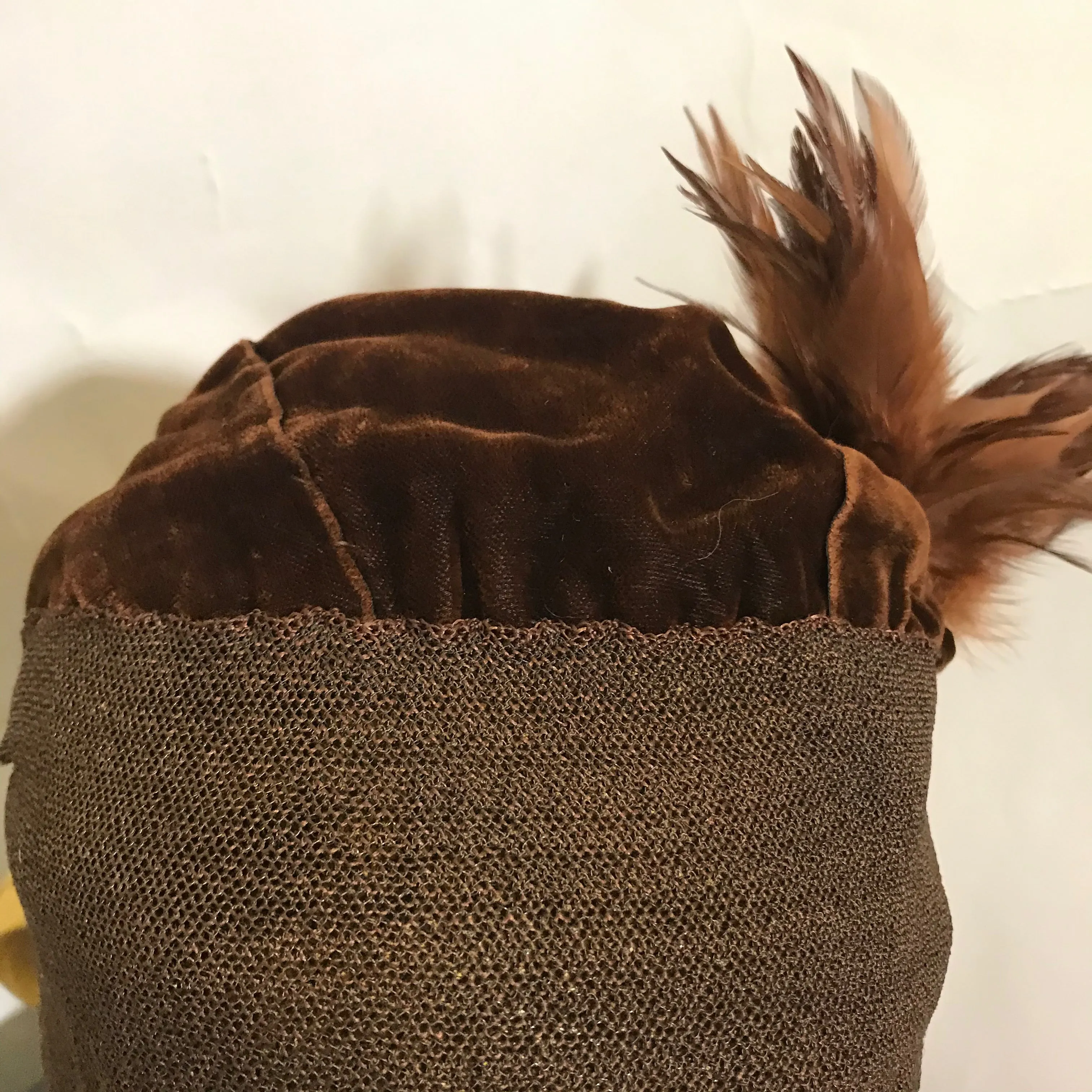 Bronze and Copper Velvet Cloche Hat with Feathers circa 1920s