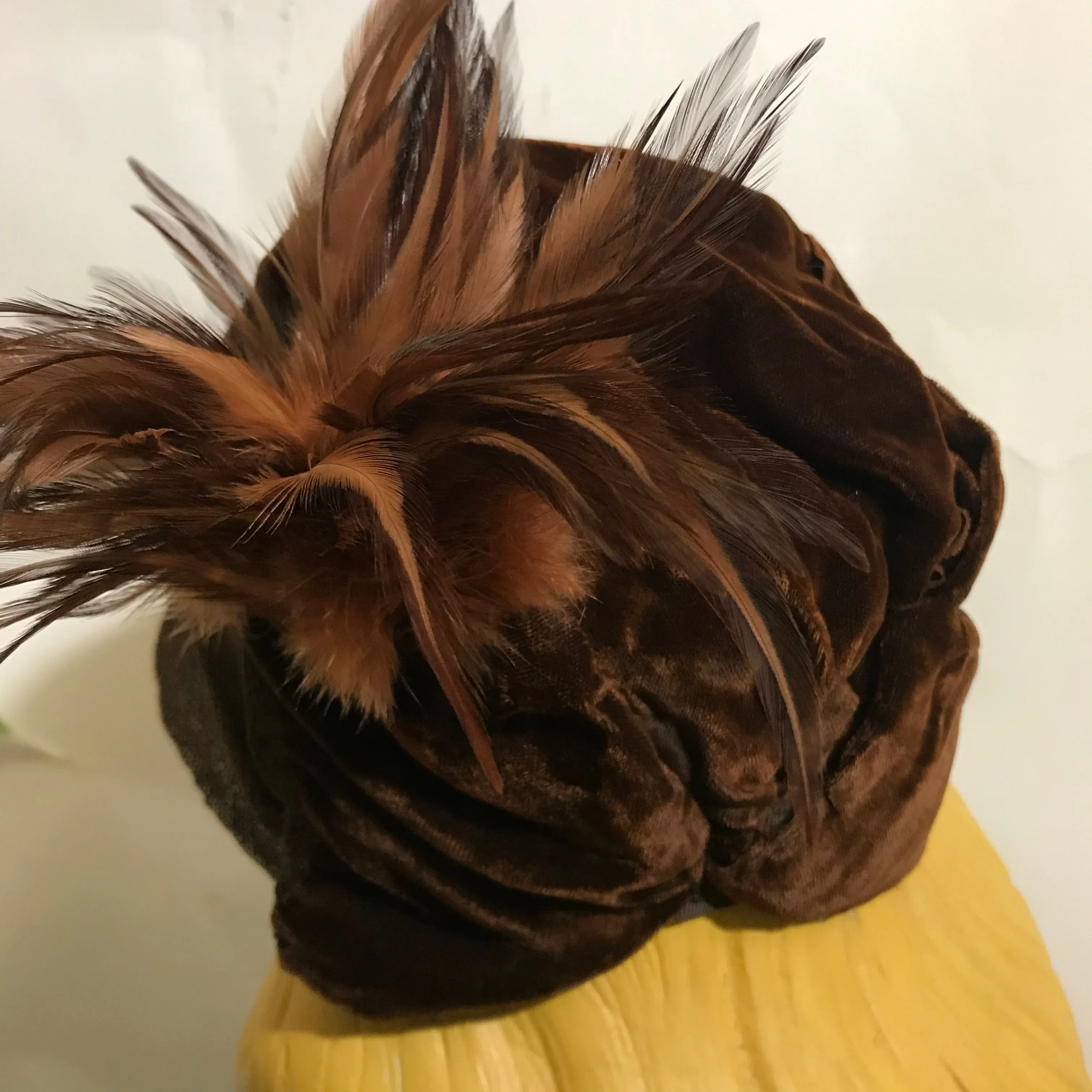 Bronze and Copper Velvet Cloche Hat with Feathers circa 1920s