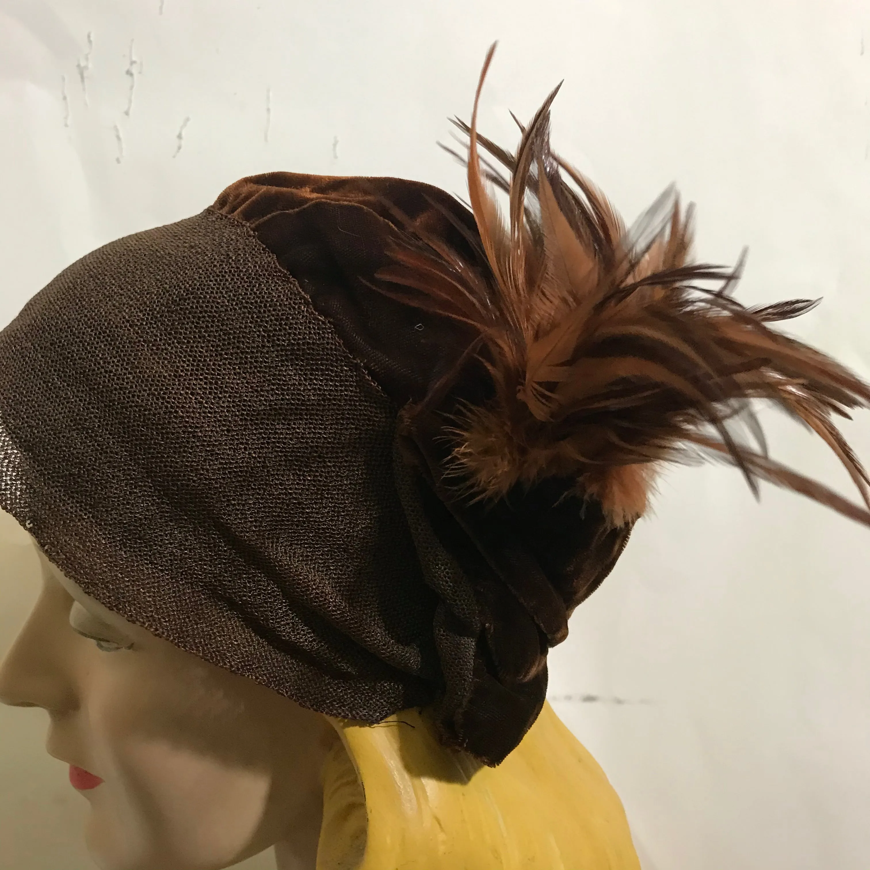 Bronze and Copper Velvet Cloche Hat with Feathers circa 1920s