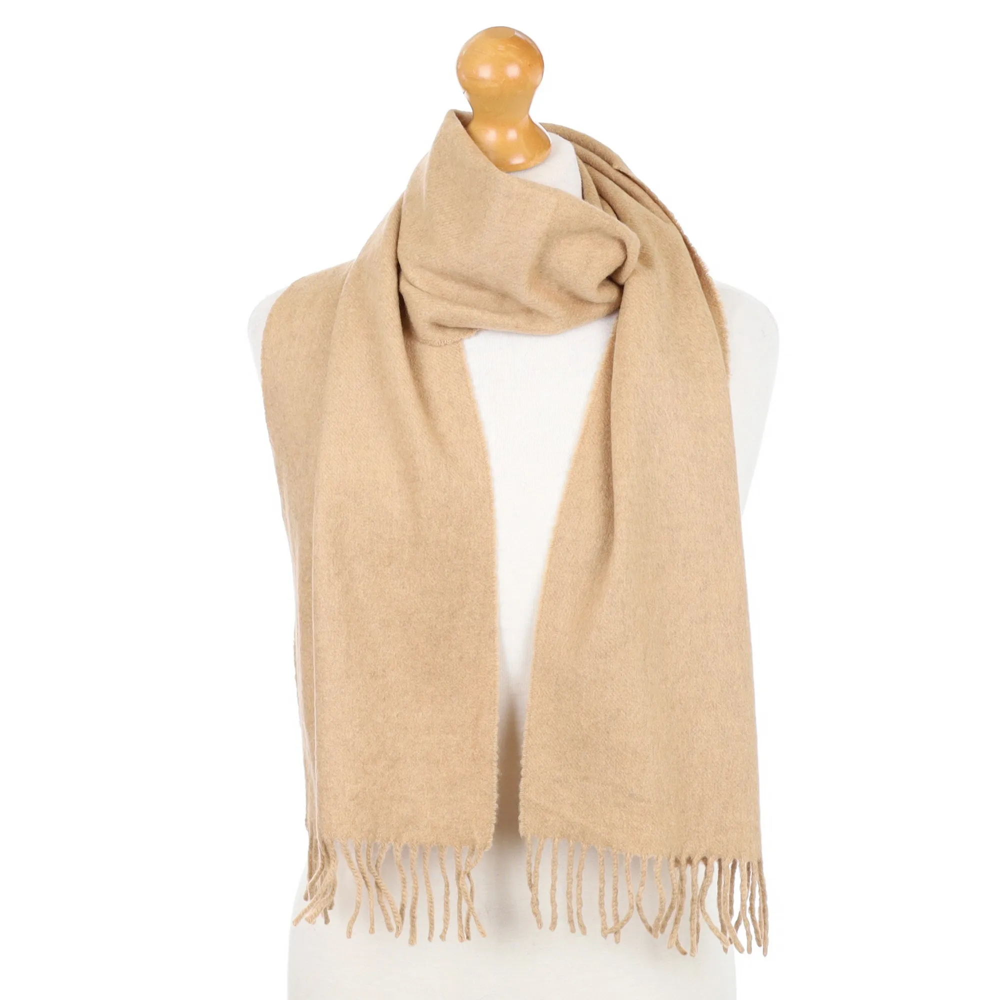 Camel Beige Fringed Cashmere Woven Scarf