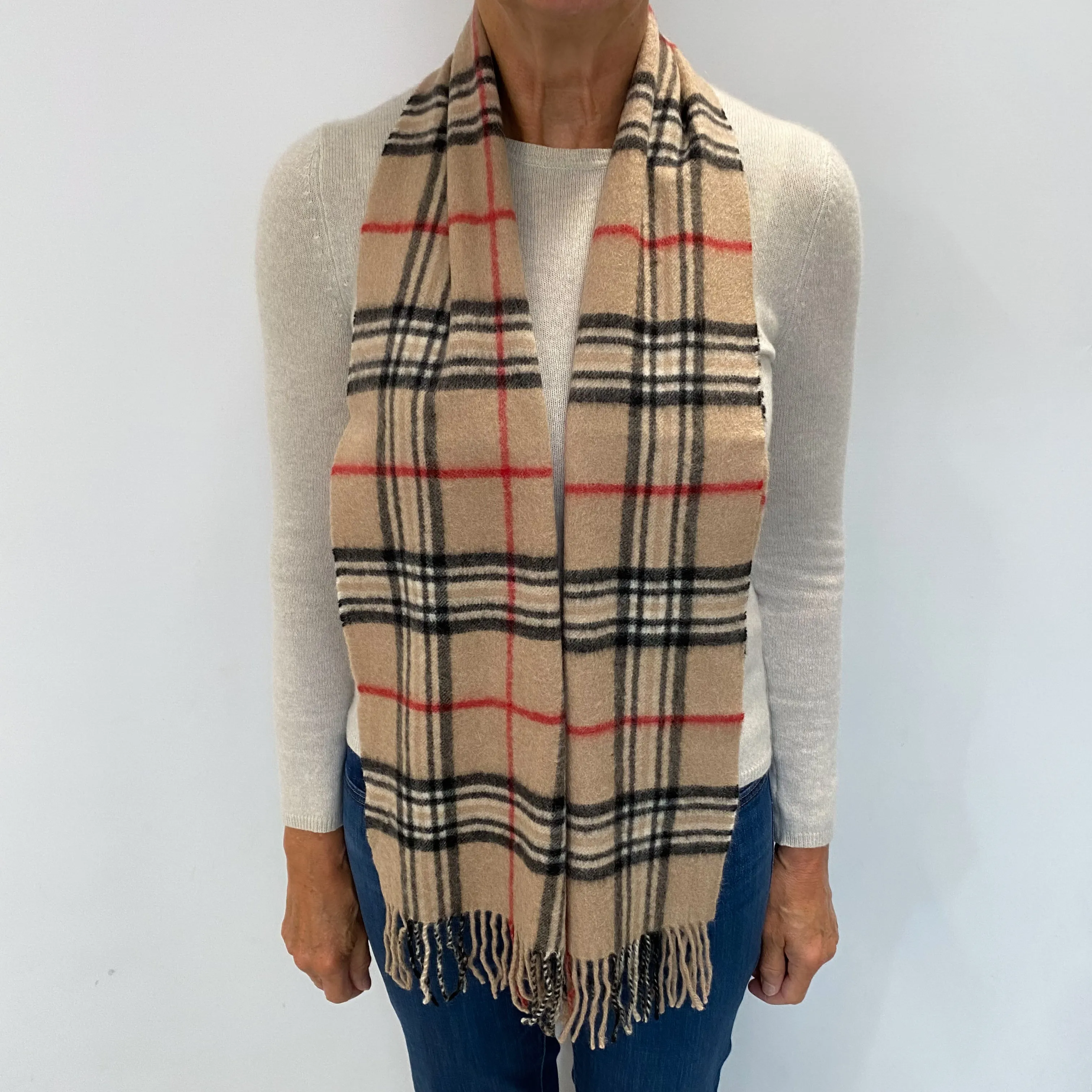 Camel Black and Red Checked Cashmere Woven Fringed Scarf