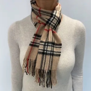 Camel Black and Red Checked Cashmere Woven Fringed Scarf