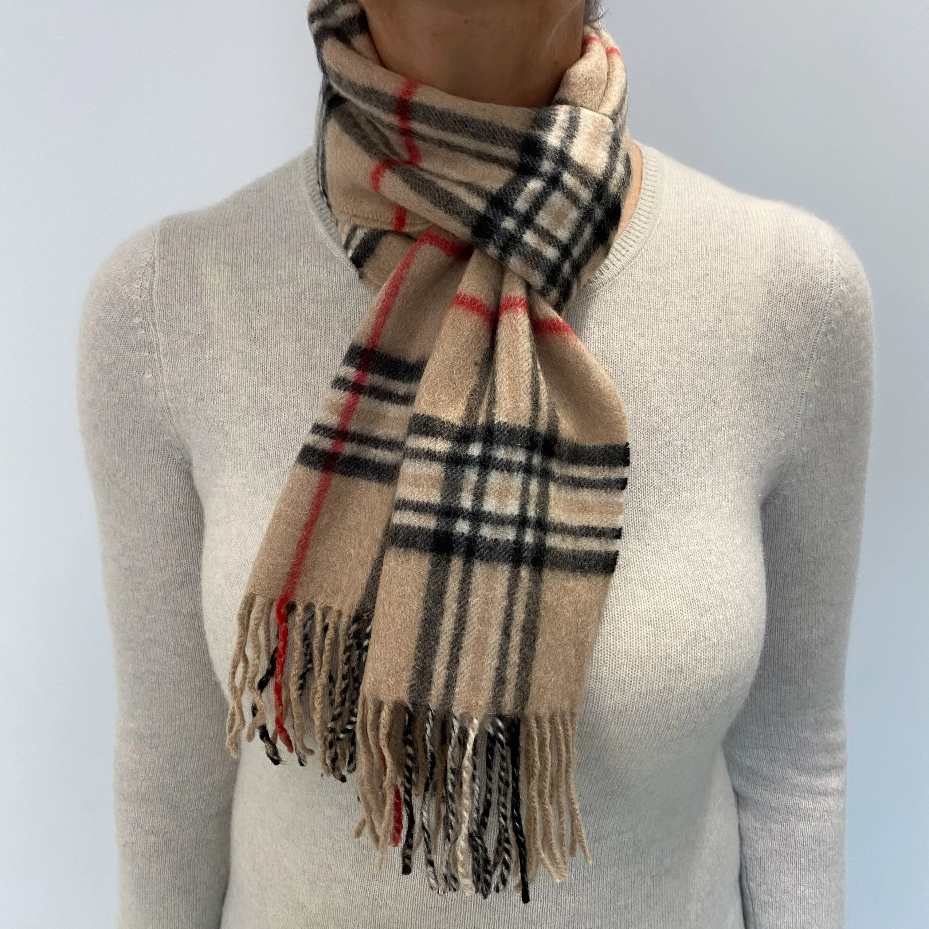 Camel Black and Red Checked Cashmere Woven Fringed Scarf