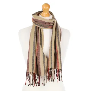 Camel Brown With Red Stripe Cashmere Fringed Woven Scarf