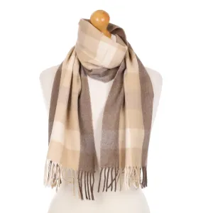 Caramel and Mocha Check Cashmere Fringed Woven Scarf