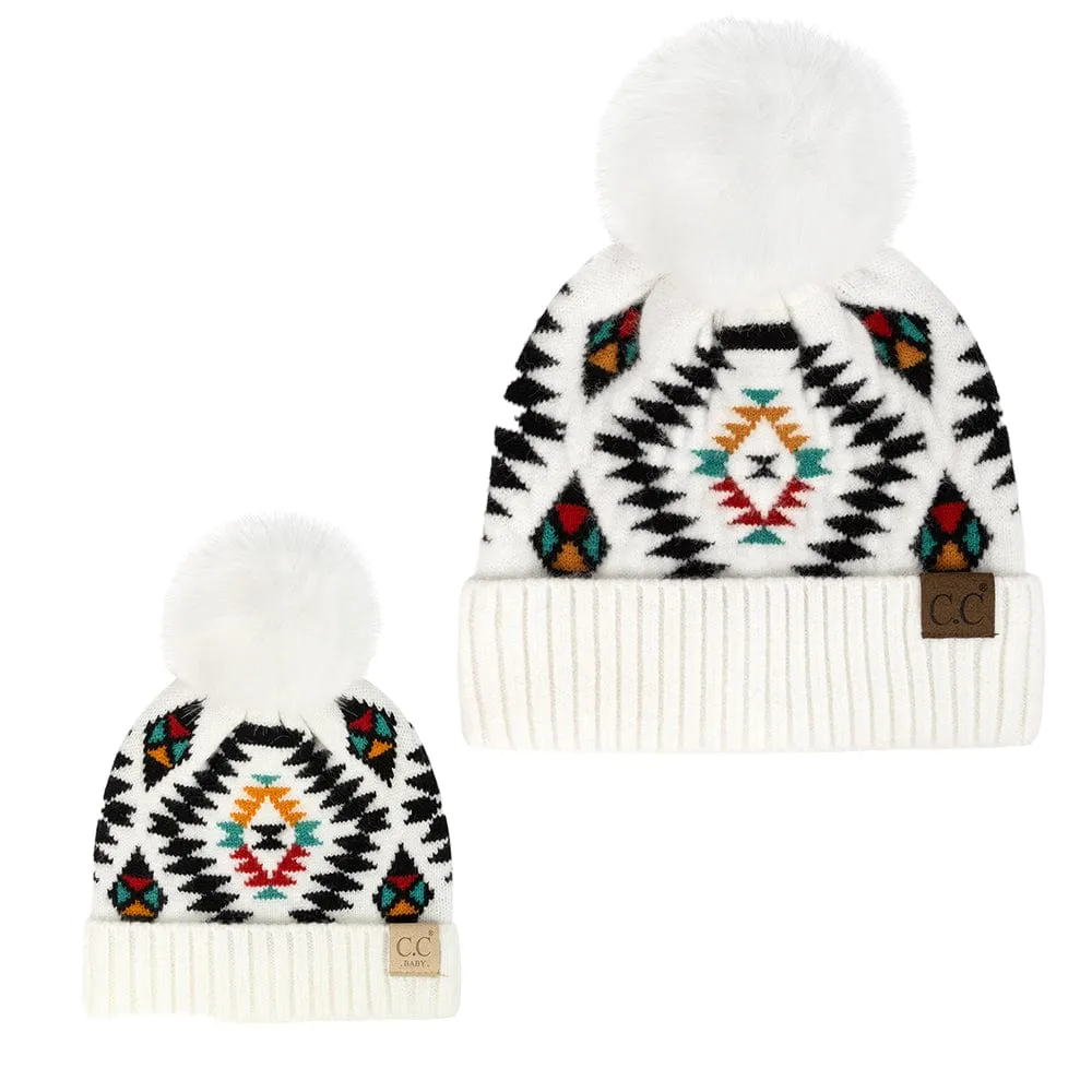 C.C Aztec Soft Faux Fur Pom Matching Mommy & Baby Beanie Set