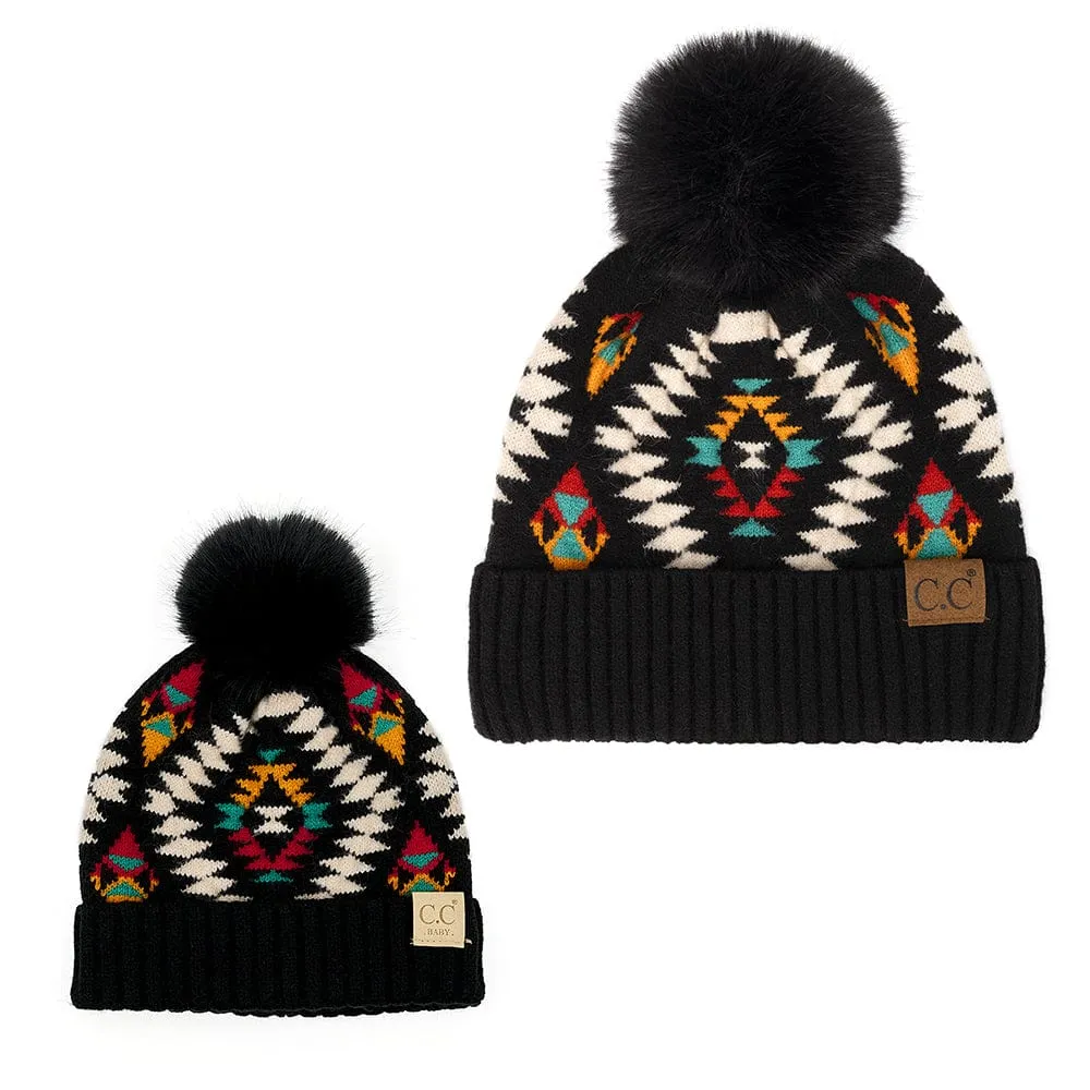 C.C Aztec Soft Faux Fur Pom Matching Mommy & Baby Beanie Set