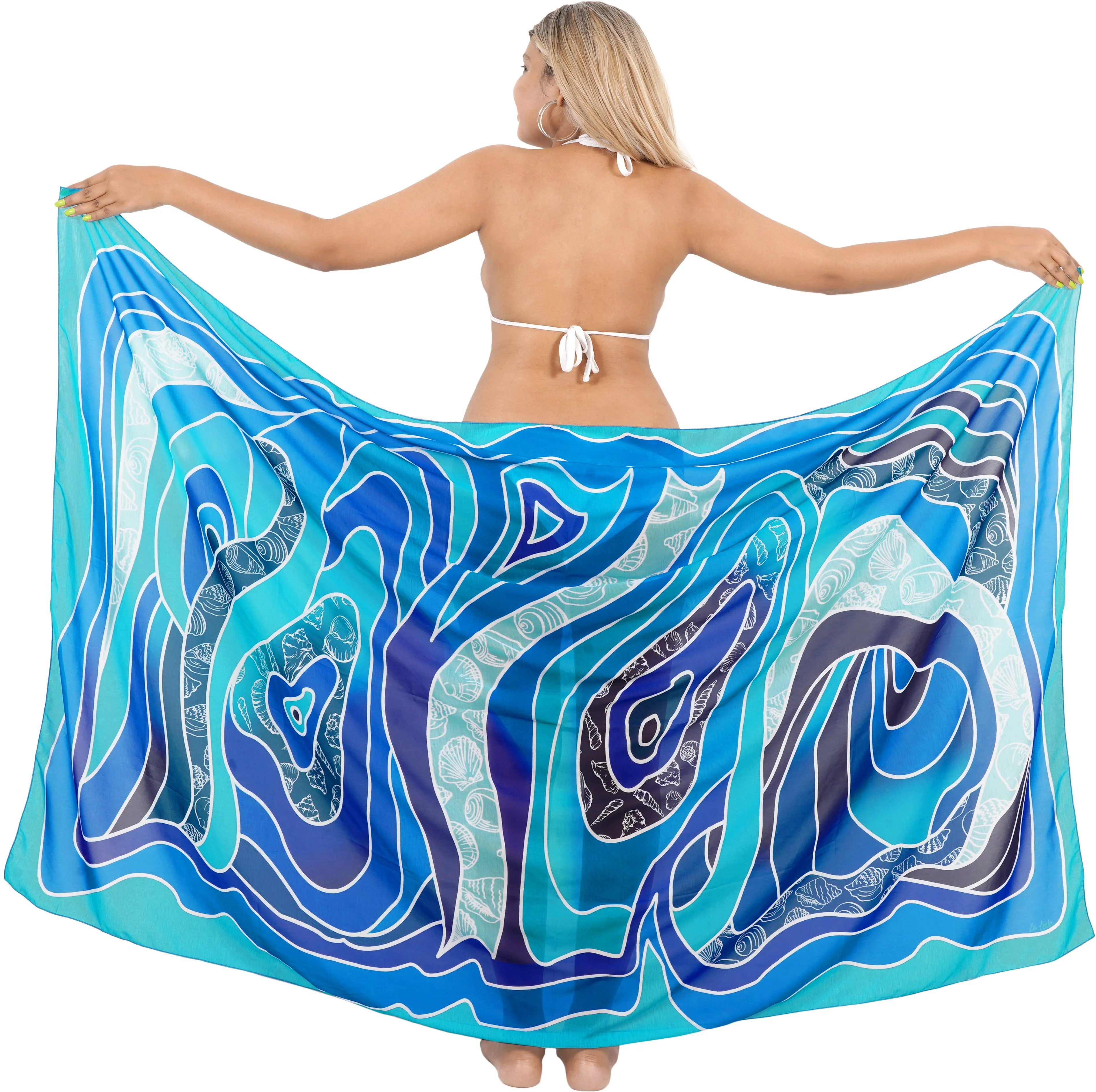 Coastal Chic Sheer Royal Blue Abstract with Sea Shells Printed Beach Wrap For Women