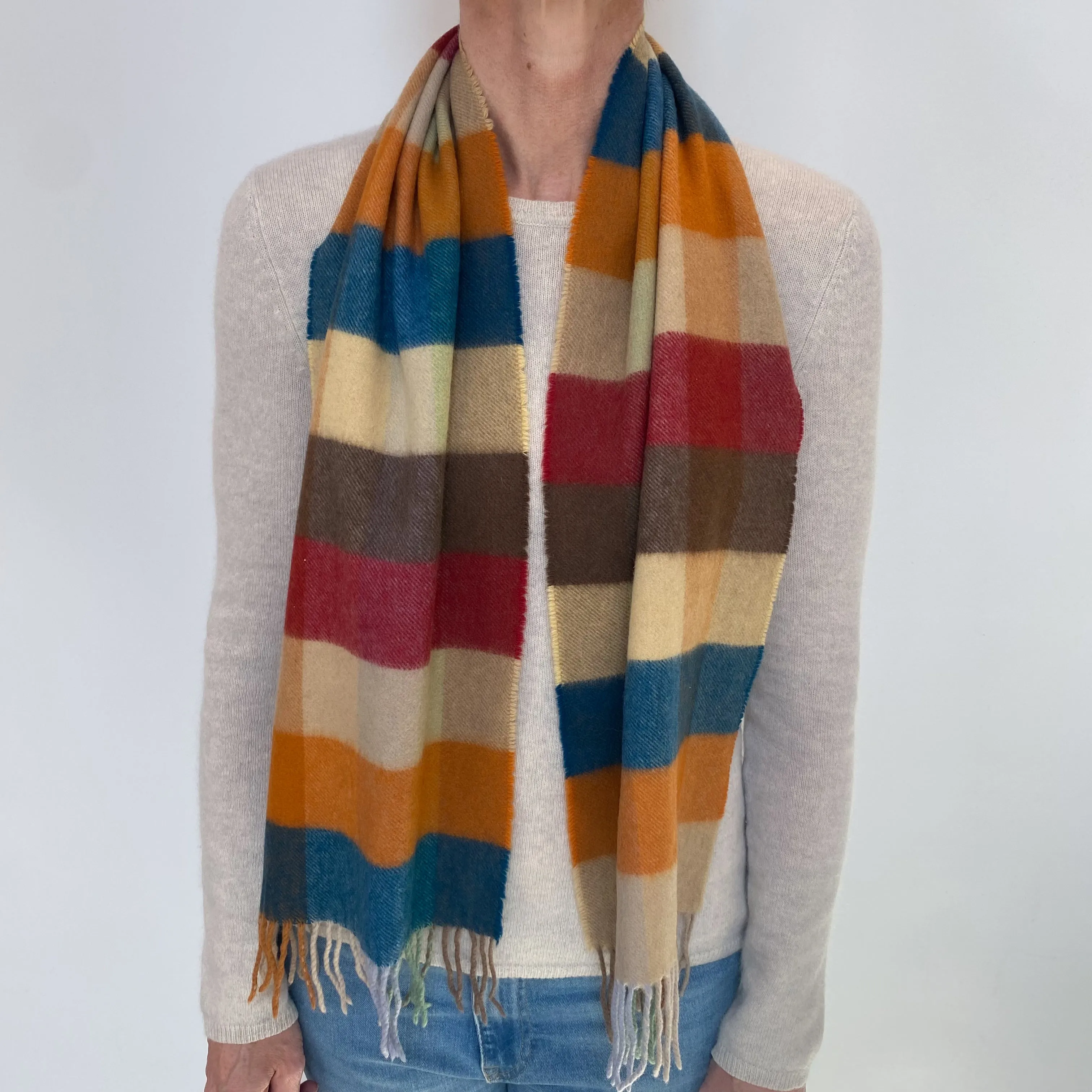 Colourful Checked Cashmere Woven Fringed Scarf