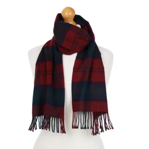 Crimson and Navy Check Cashmere Fringed Woven Scarf