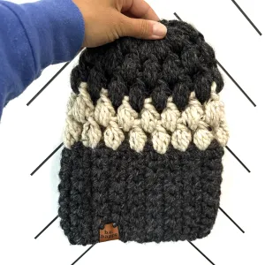 Crochet Puff Stitch Slouch Hat | Charcoal Gray   Oatmeal