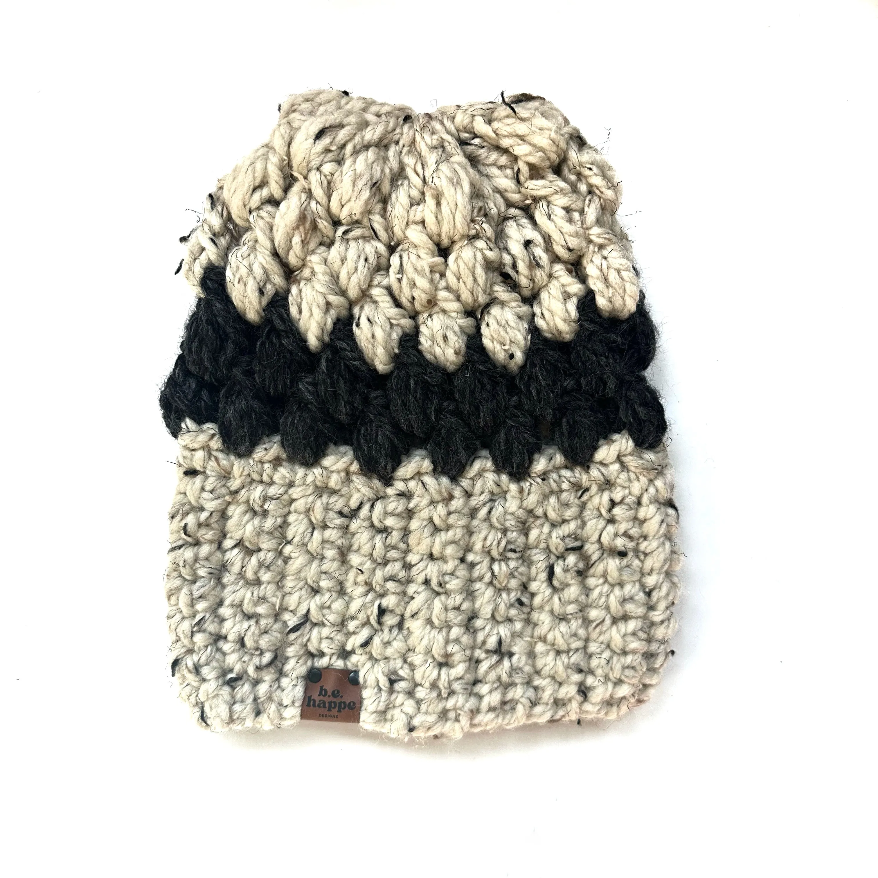 Crochet Puff Stitch Slouch Hat | Oatmeal   Charcoal Grey