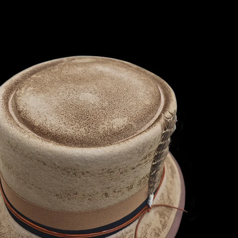 Distressed Fedora Beige with Feather and Red Rope