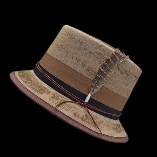 Distressed Fedora Beige with Feather and Red Rope