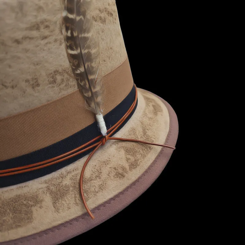 Distressed Fedora Beige with Feather and Red Rope