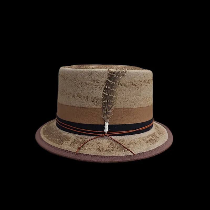 Distressed Fedora Beige with Feather and Red Rope