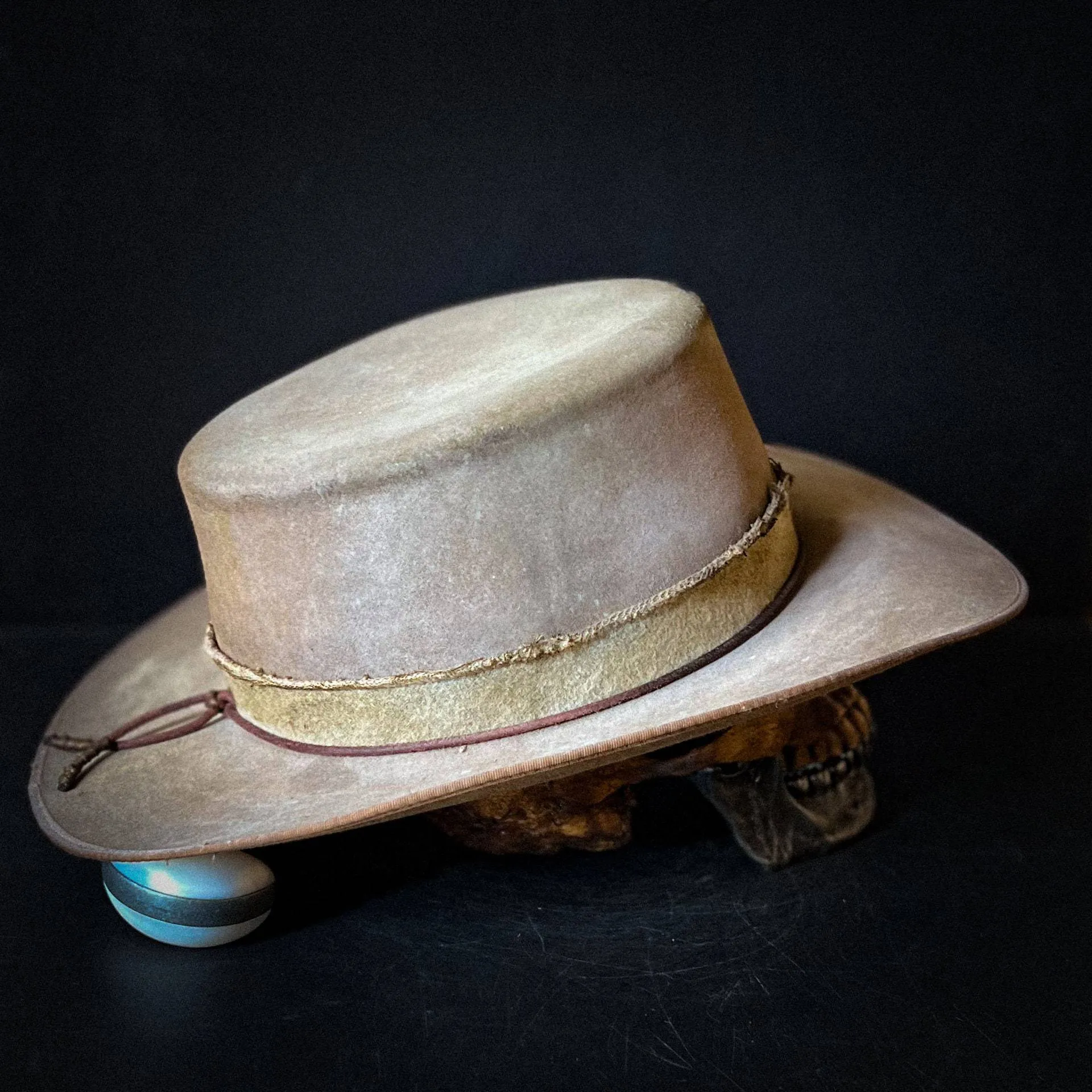 Distressed Fedora with Brown Hat Golden Rope Intertwined White Threads