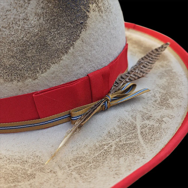 Distressed Fedora with Feathered and Metallic Accents Off-White with Orange Stripes