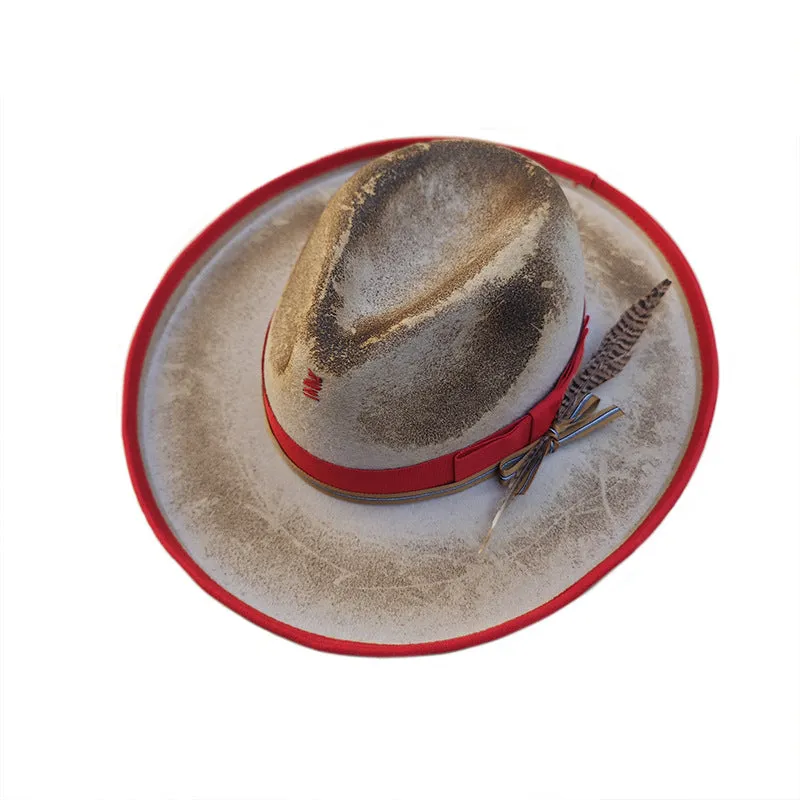 Distressed Fedora with Feathered and Metallic Accents Off-White with Orange Stripes