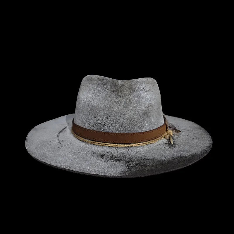 Distressed Fedora with Lemon Tinged Khaki Curved Brim