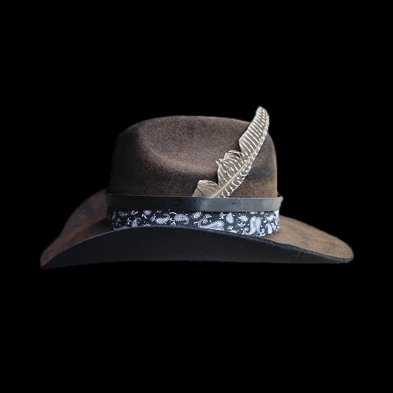 Distressed Fedora with Western Style Feather