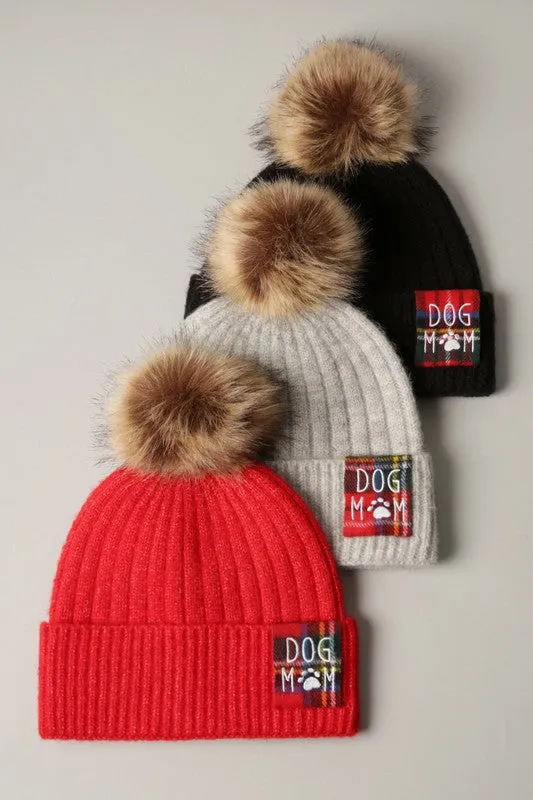 DOG MOM Rib Knit Beanie Hat with Faux Fur Pom