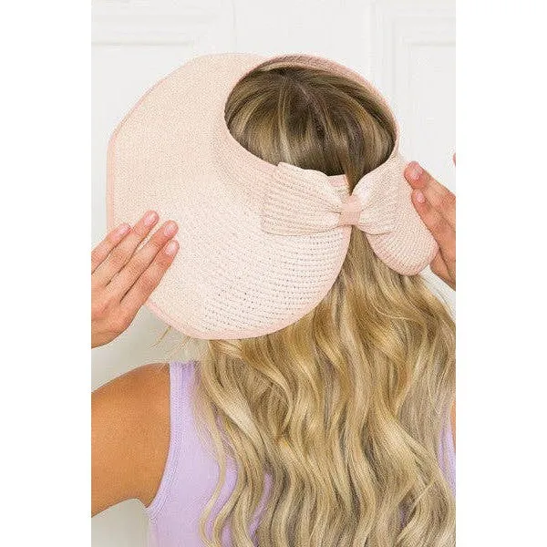 Foldable Wide Brim Bow Visor Sun Hat [Available in Ivory or Pink]