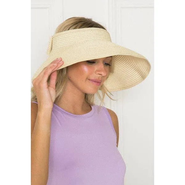 Foldable Wide Brim Bow Visor Sun Hat [Available in Ivory or Pink]