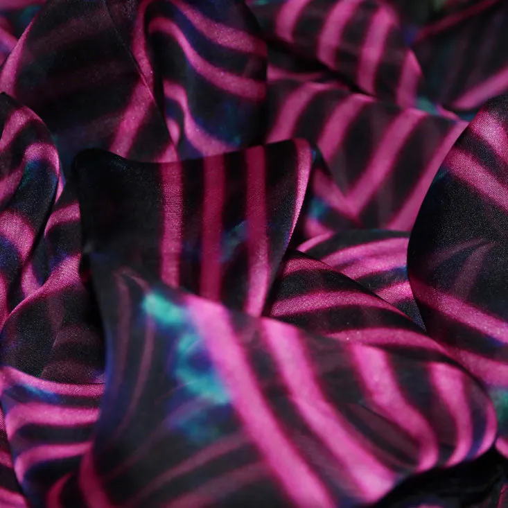 < Limited Edition >  Stylish Black Printed Silk Scarf in Chiffon "Pink Brink" 42x42cm